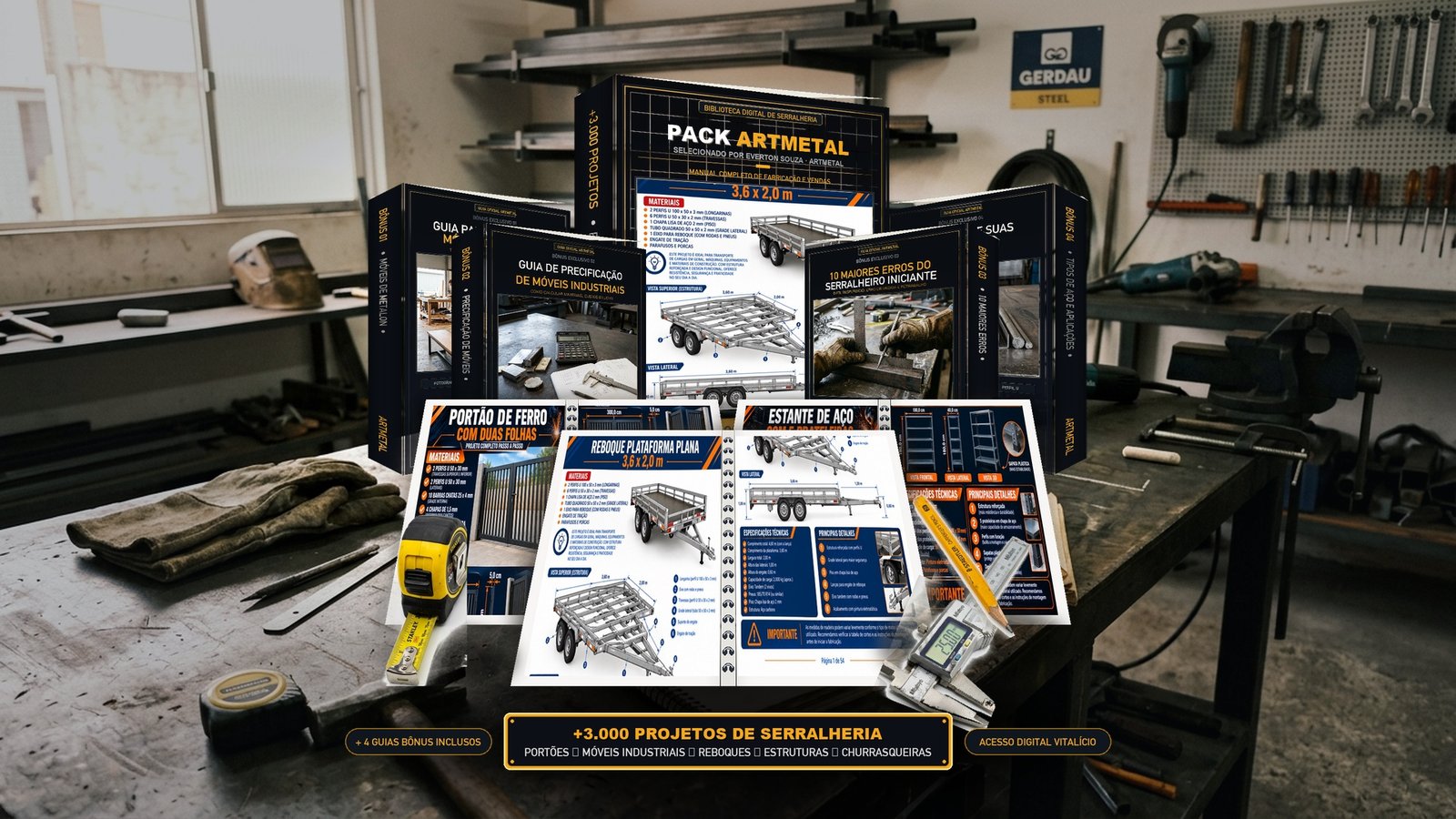 Fichas técnicas reais do Pack Artmetal na bancada de aço de uma oficina de serralheria